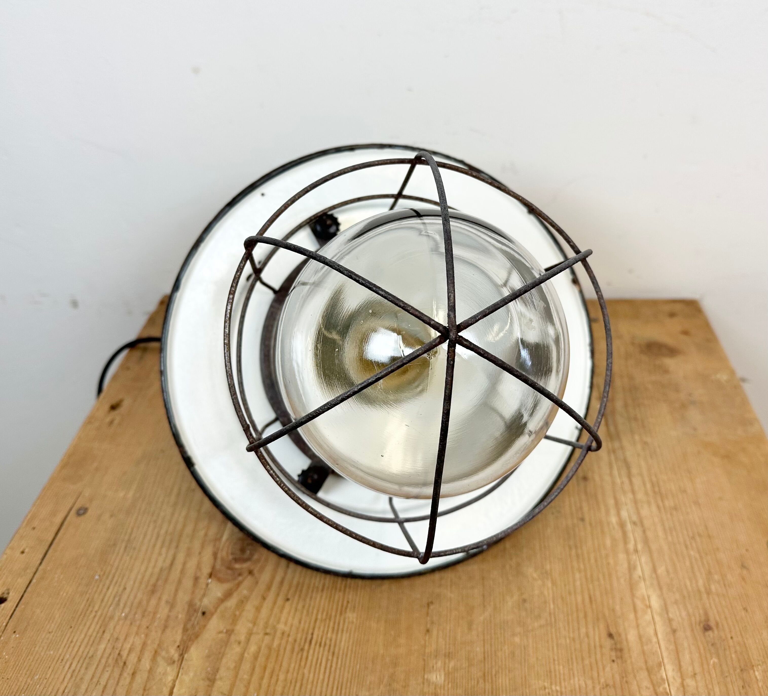 Green Enamel and Cast Iron Industrial Cage Pendant Light, 1960s