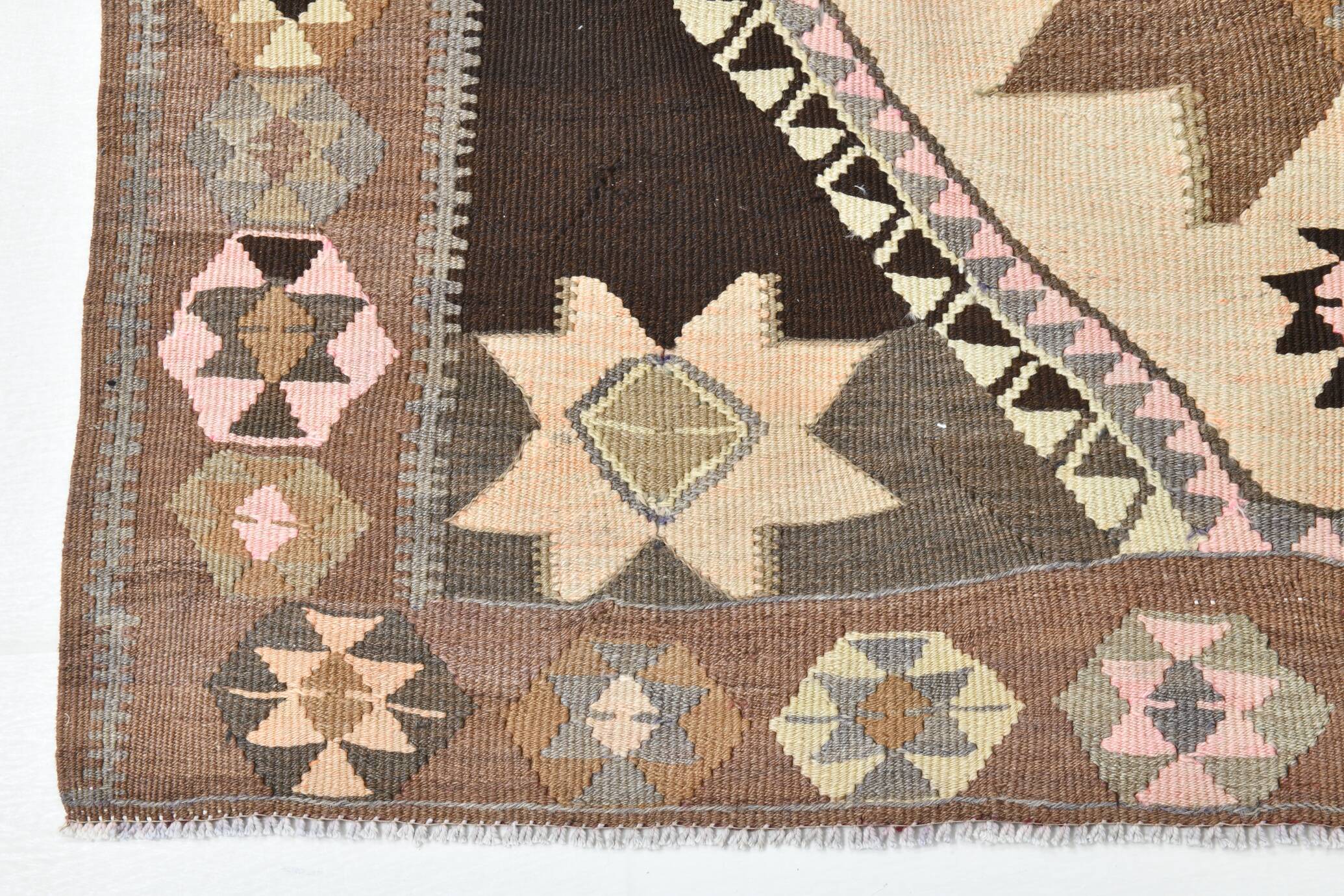 140x380Cm Brown & Grey Kilim Rug, Handmade Wool Area Rug, Stair Rug,