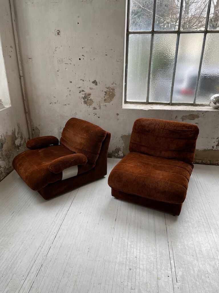 Pair 70s brown velvet armchairs