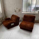 Pair 70s brown velvet armchairs