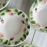 6 large slip bowls, floral and strawberry pattern