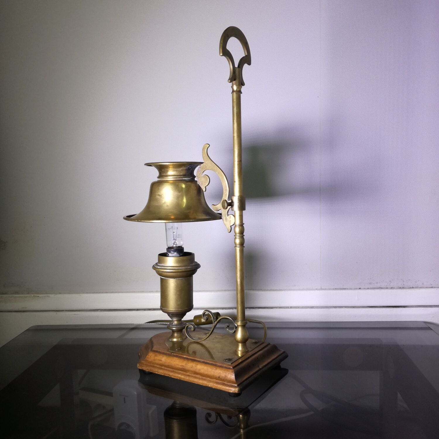 Brass and wood hot water bottle lamp 1970