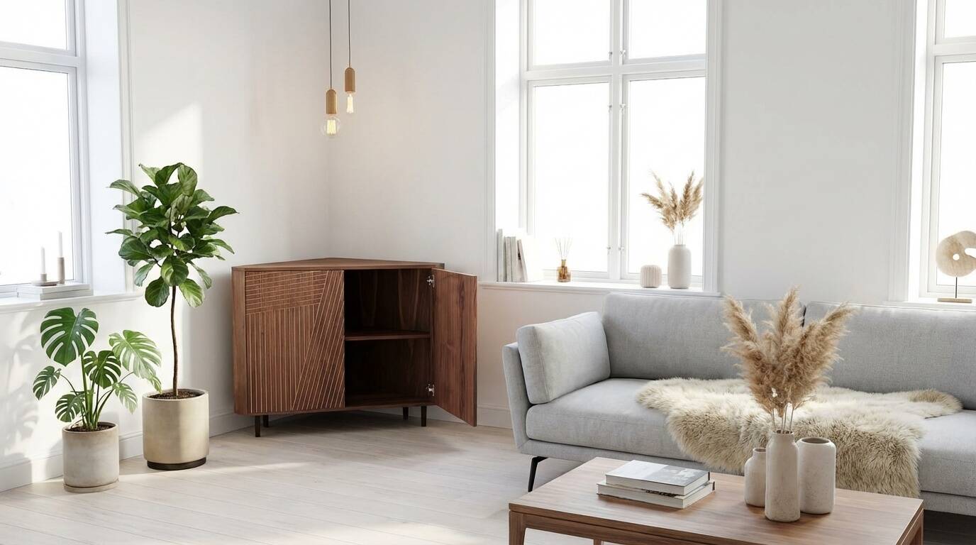 Corner console in walnut, 2-door sideboard, corner cabinet, line pattern.