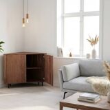 Corner console in walnut, 2-door sideboard, corner cabinet, line pattern.