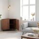 Corner console in walnut, 2-door sideboard, corner cabinet, line pattern.
