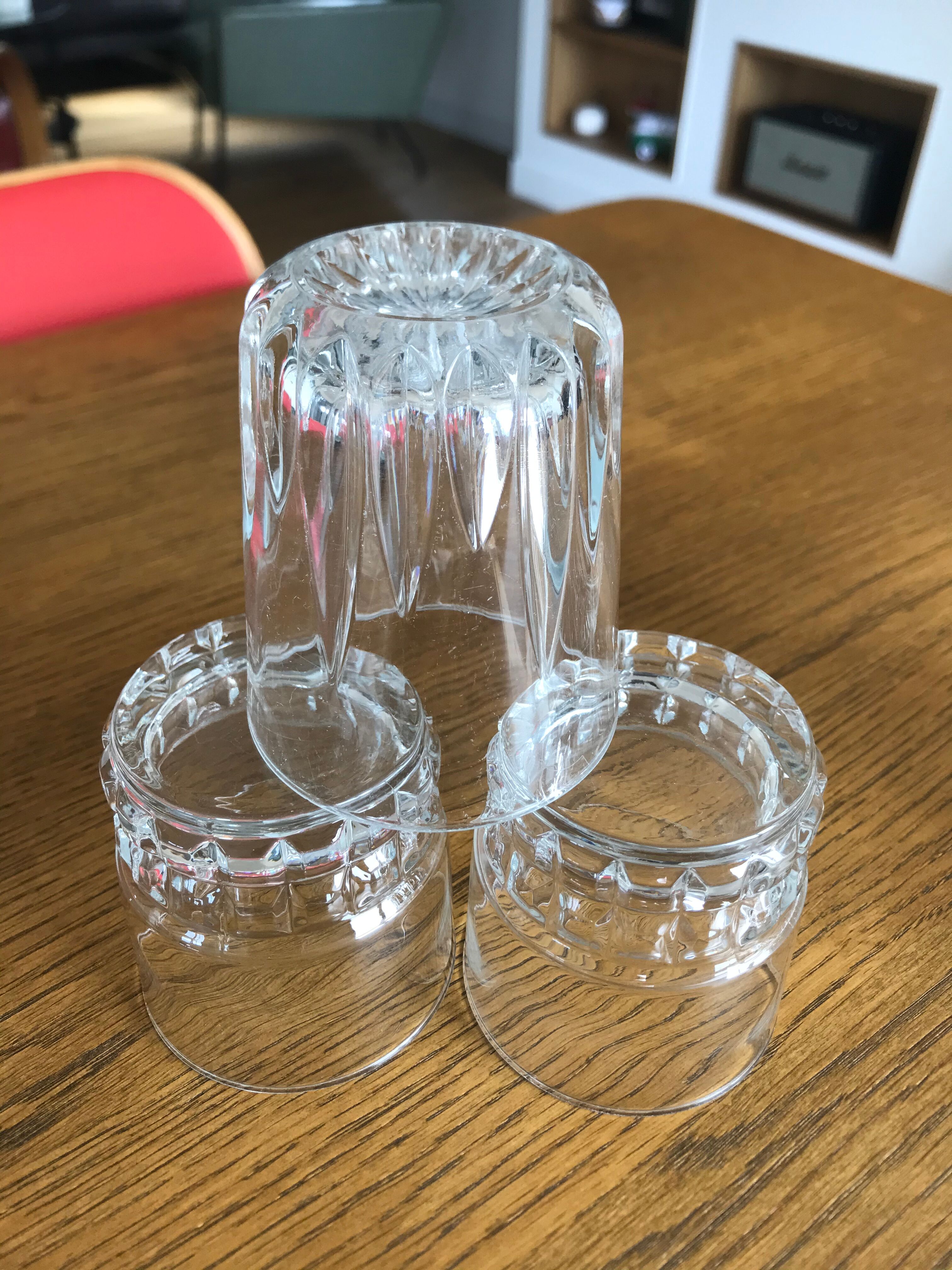 Mismatched decanter and whiskey glasses