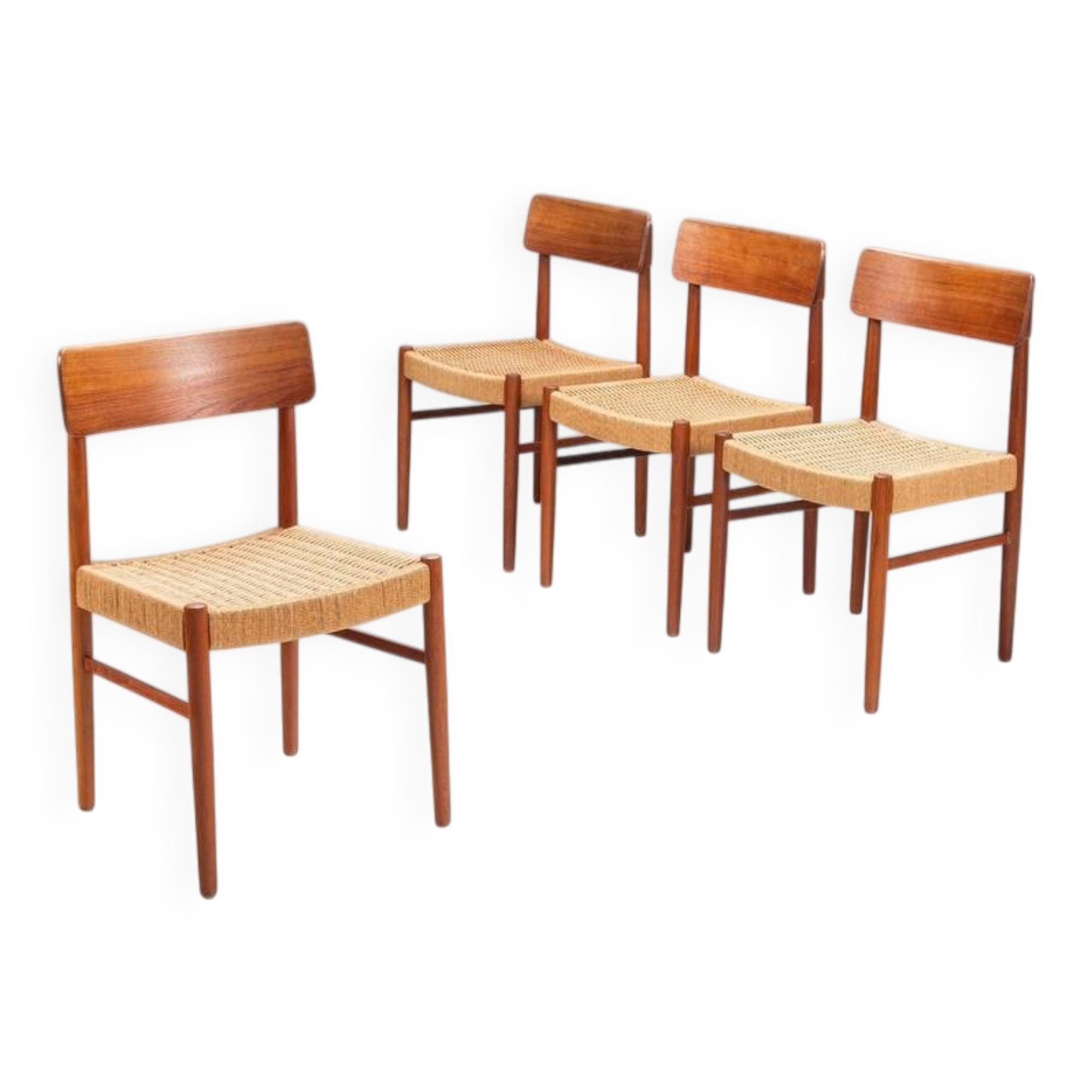 Set of four Danish dining chairs in teak and paper cord, Denmark, 1960