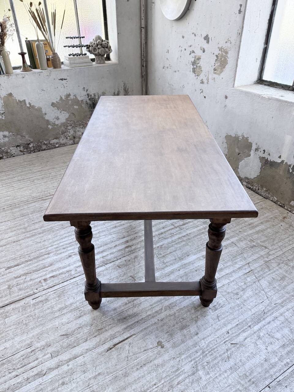 Farm table with turned legs, made of pine and birch, 180cm.