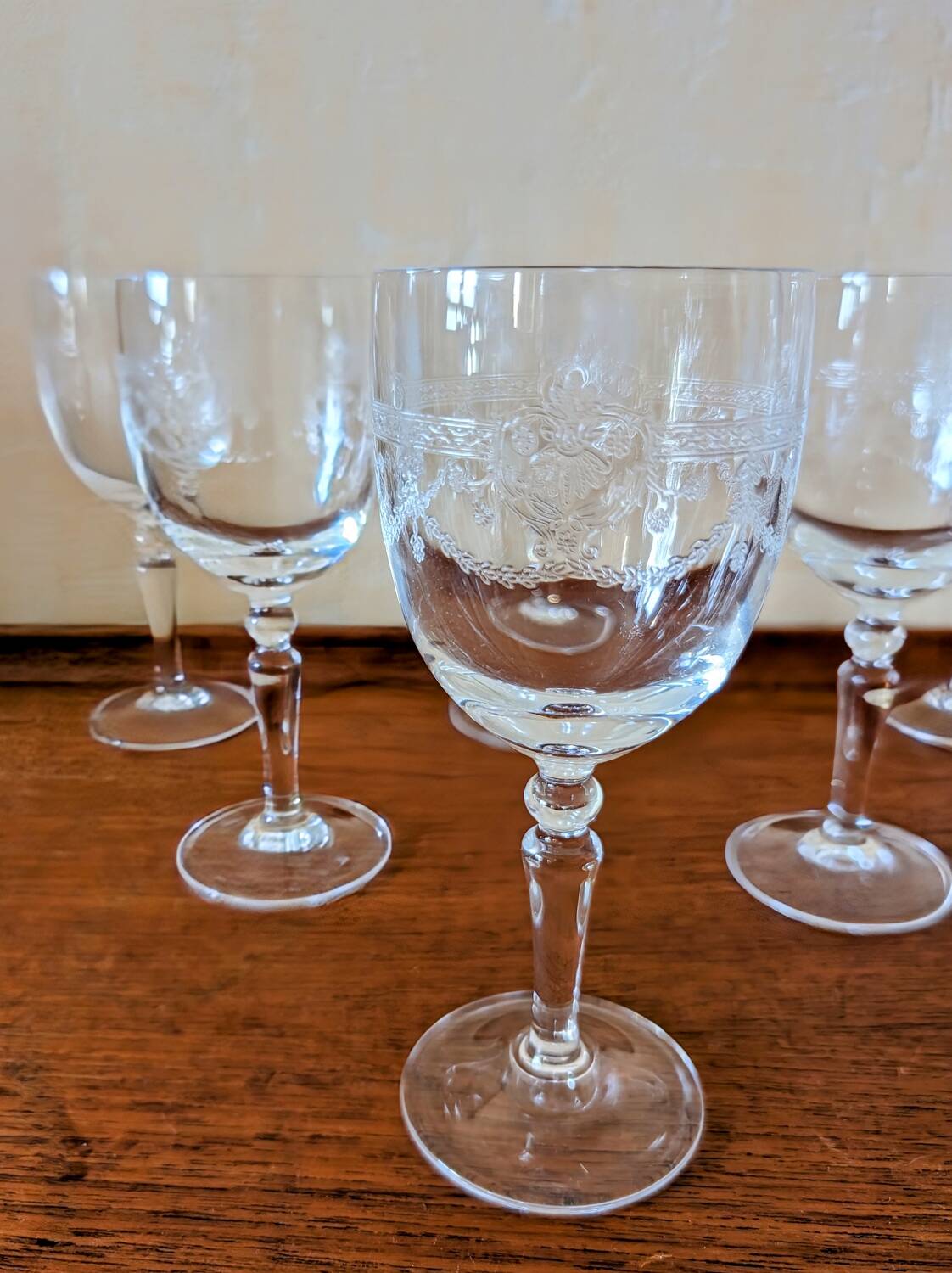 Antique engraved crystal glasses Dampierre model