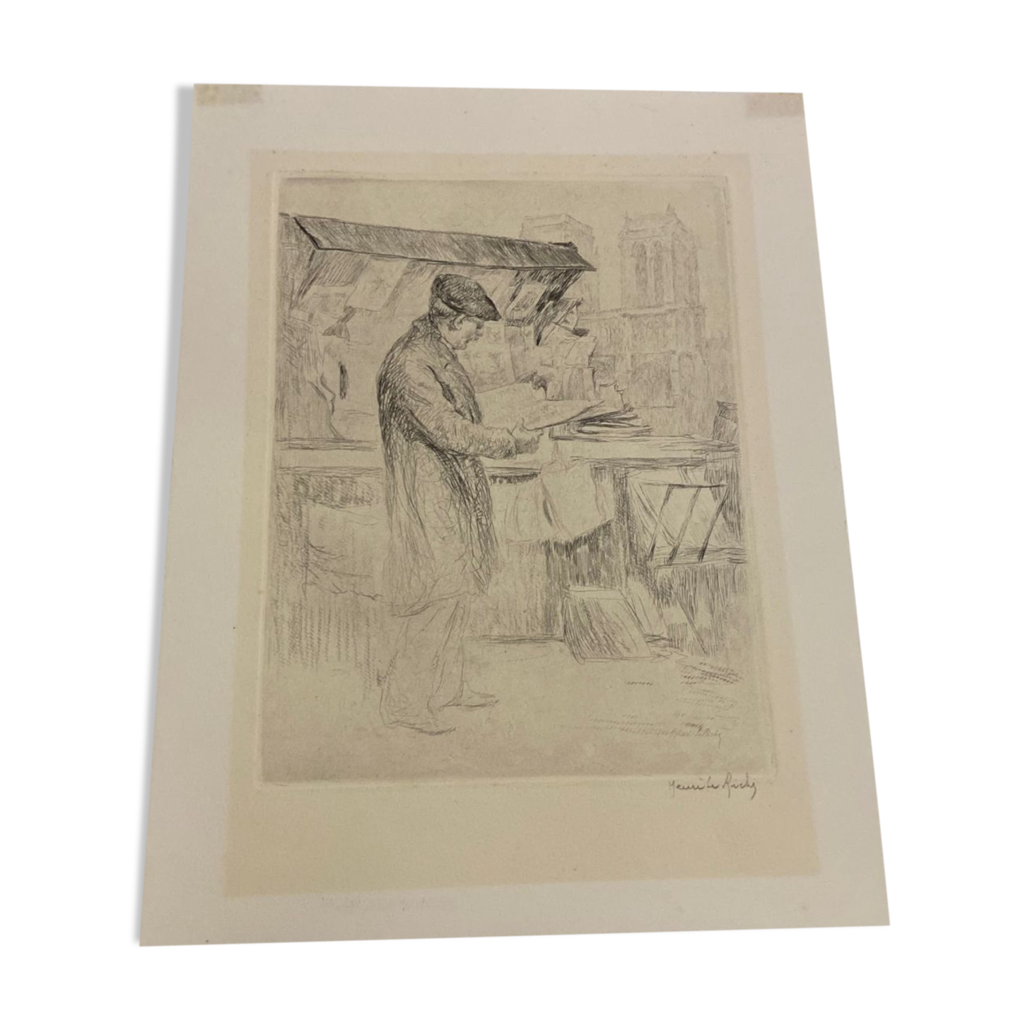 Eau forte, dessin, gravure, le Bouquiniste, Henri le Riche, notre dame
