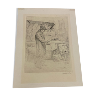 Etching, drawing, engraving, the bookseller, Henri le Riche, notre dame
