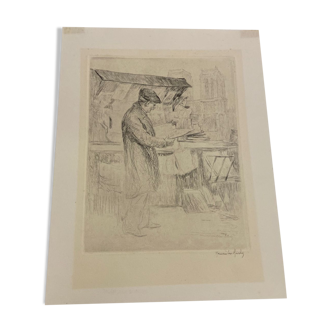 Eau forte, dessin, gravure, le Bouquiniste, Henri le Riche, notre dame