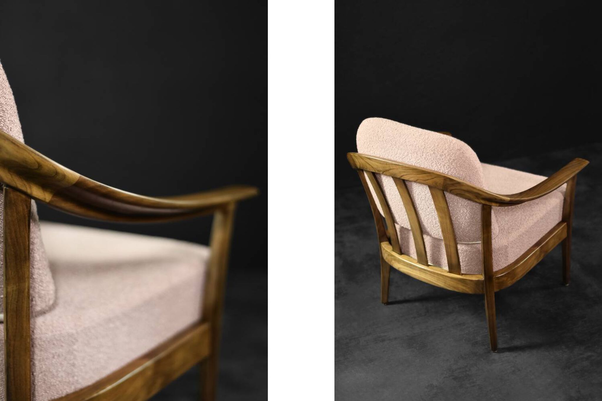 Pair of Mid-Century German Elegant Cherry Wood and Dusty Pink Fabric Armchairs
