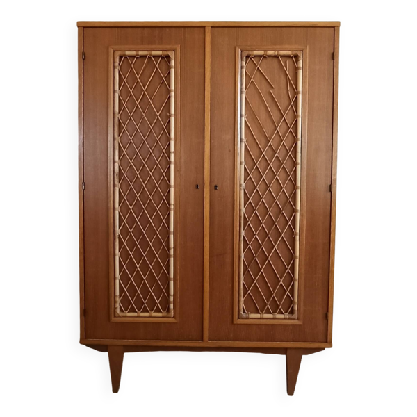 Armoire année 60 bois / rotin / osier