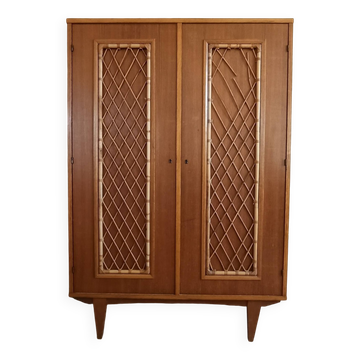 Armoire année 60 bois / rotin / osier