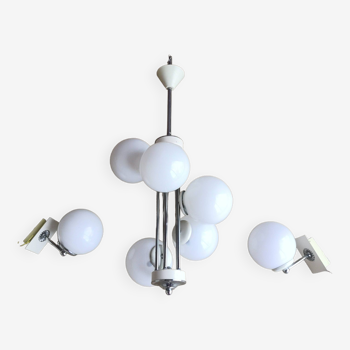 Vintage chandelier 5 opaline glass balls + 2 Space Age Mid-Century wall lights