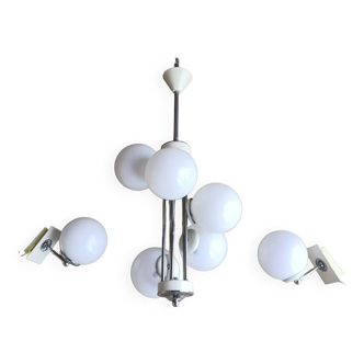 Vintage chandelier 5 opaline glass balls + 2 Space Age Mid-Century wall lights