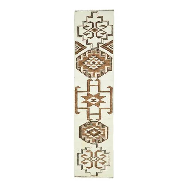 Vintage Turkish Handmade Wool Cotton Beige Runner 81x348