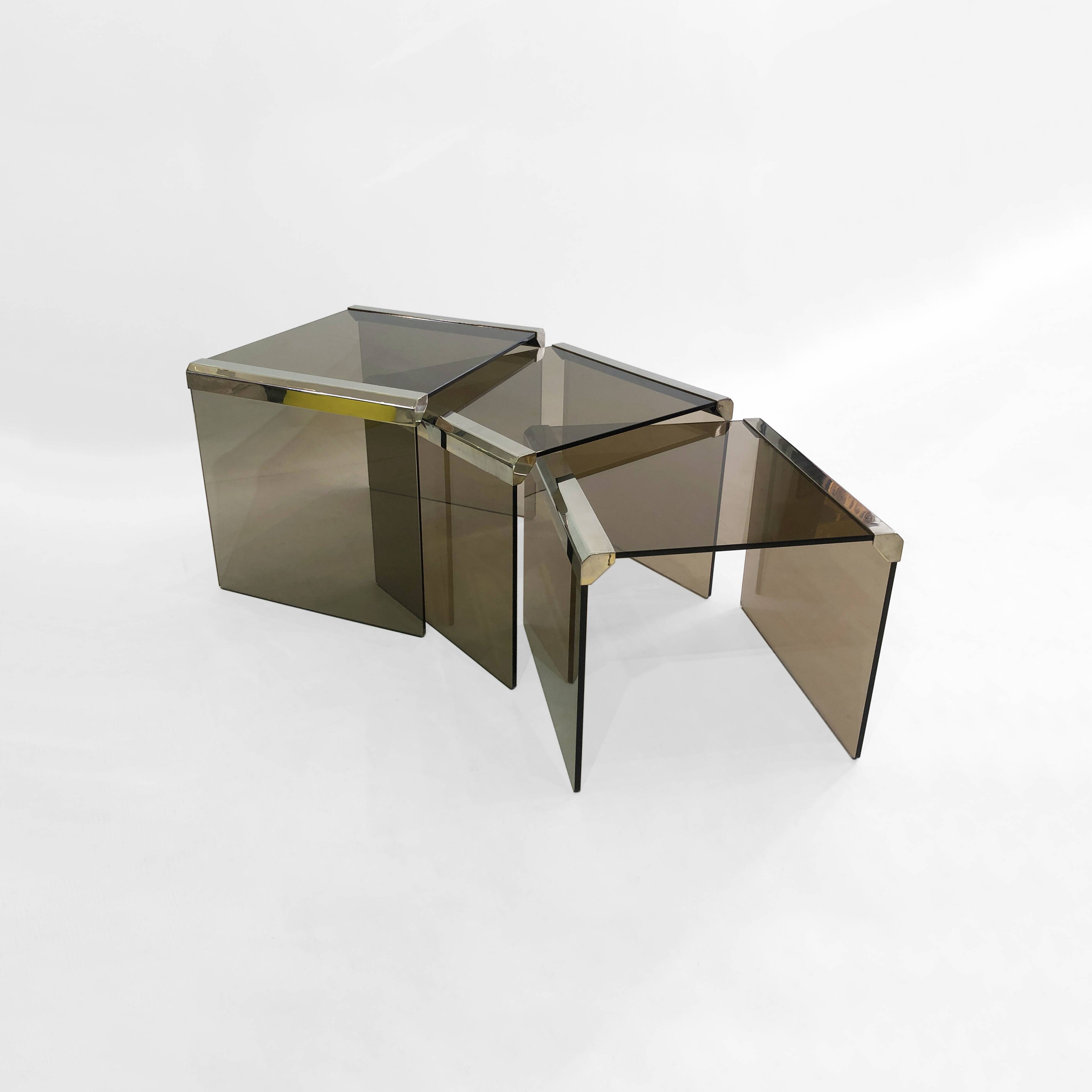 Gallotti & Radice ‘Tris’ T35 Smoked Glass Nest Side Tables Chrome