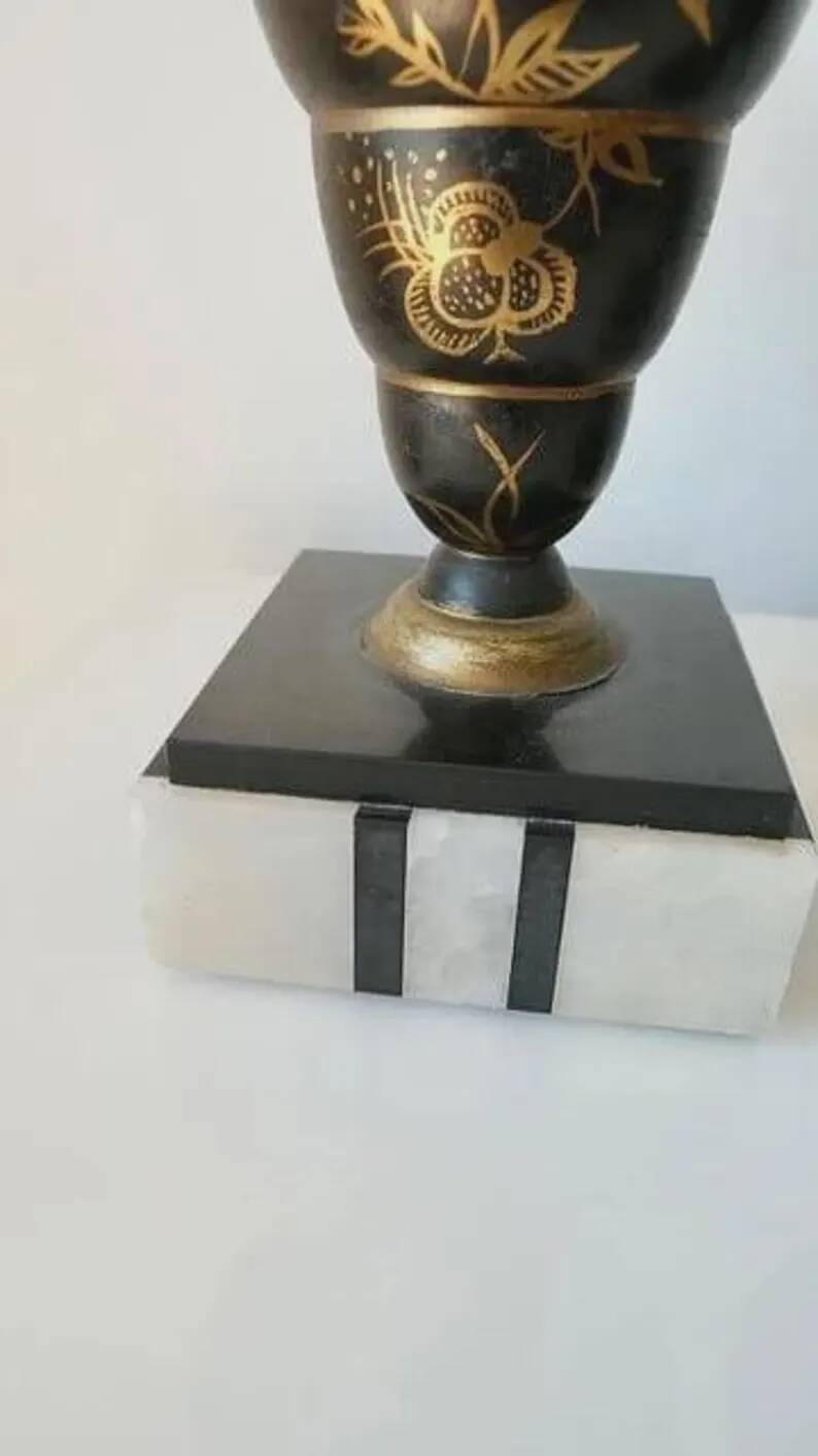 Superb pair of Art Deco enamelled brass cassolettes – black and white marble base – 1930s