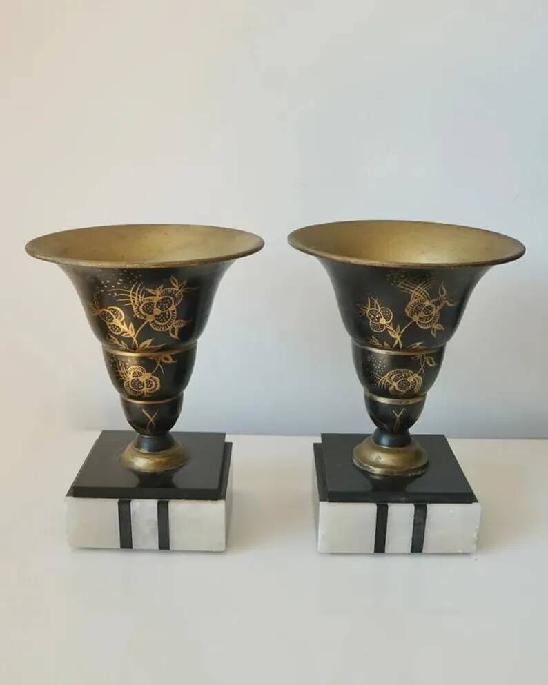 Superb pair of Art Deco enamelled brass cassolettes – black and white marble base – 1930s