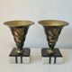 Superb pair of Art Deco enamelled brass cassolettes – black and white marble base – 1930s