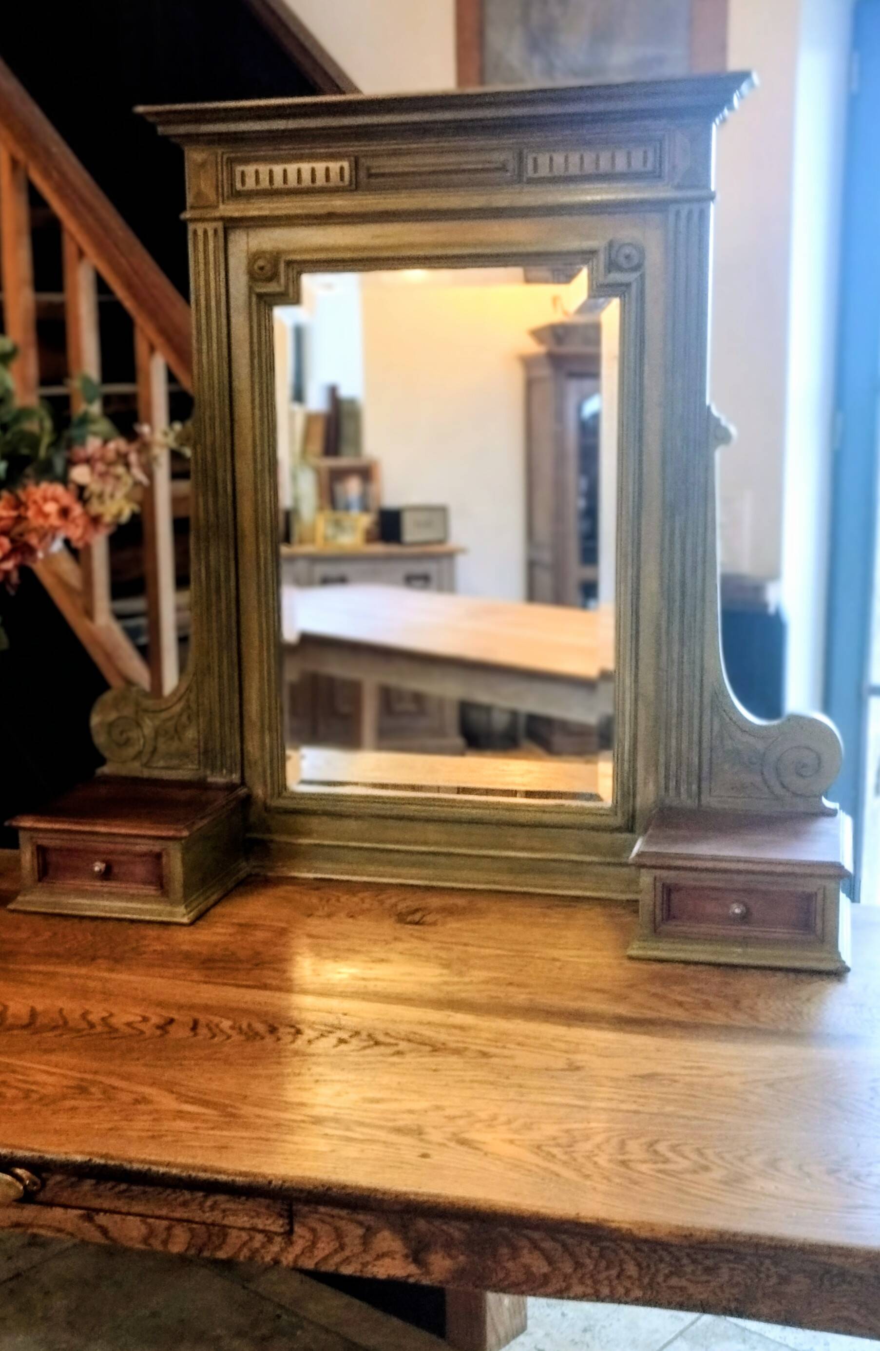 Antique bevelled mirror Farrow and Ball "Green Bancha"