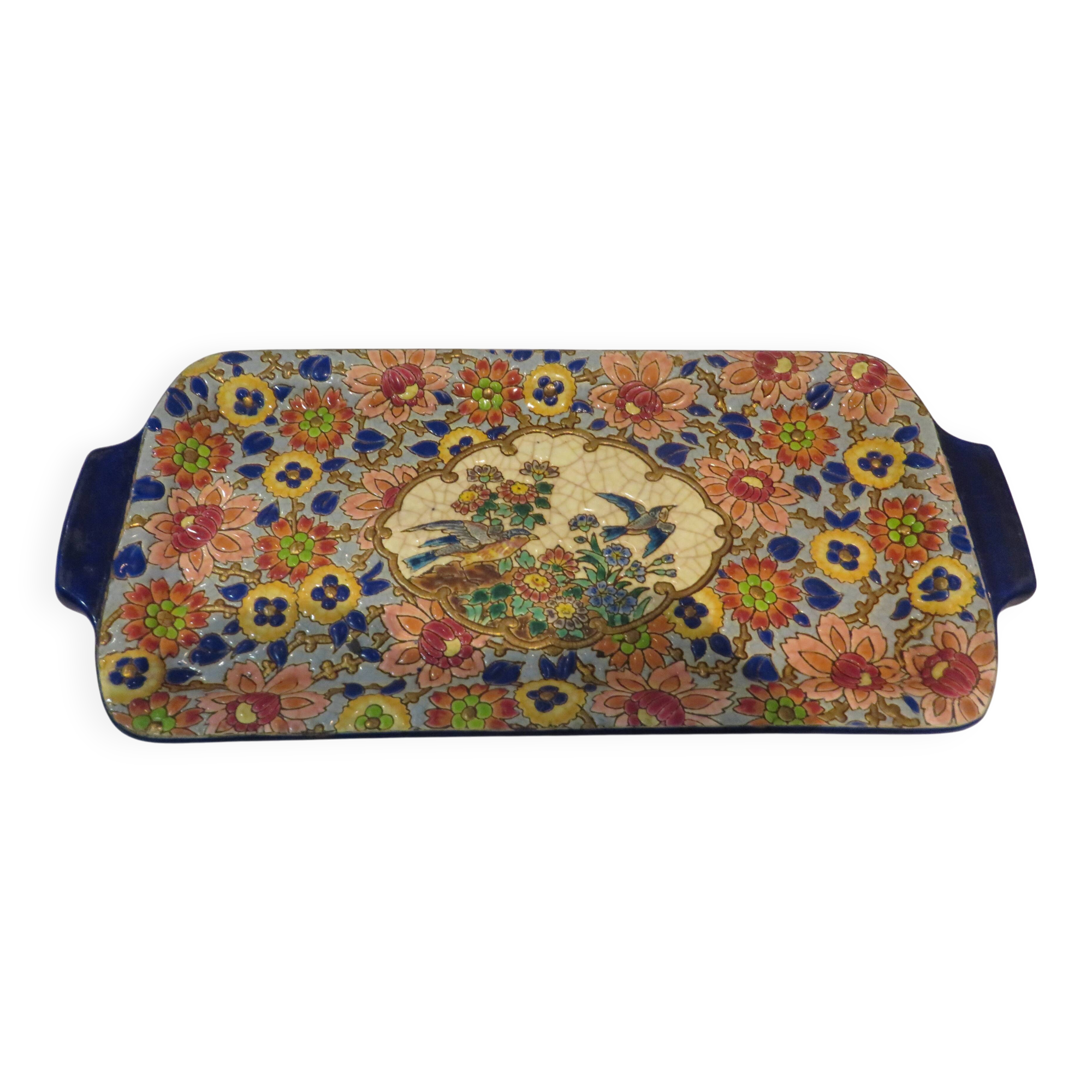 Plat à cake émaux de longwy style art deco décor oiseaux fond bleu clair