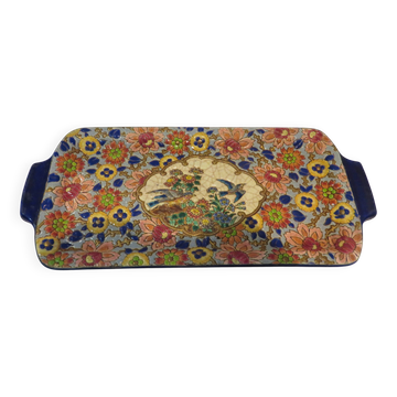 Longwy enamel cake dish, art deco style, bird decor, light blue background
