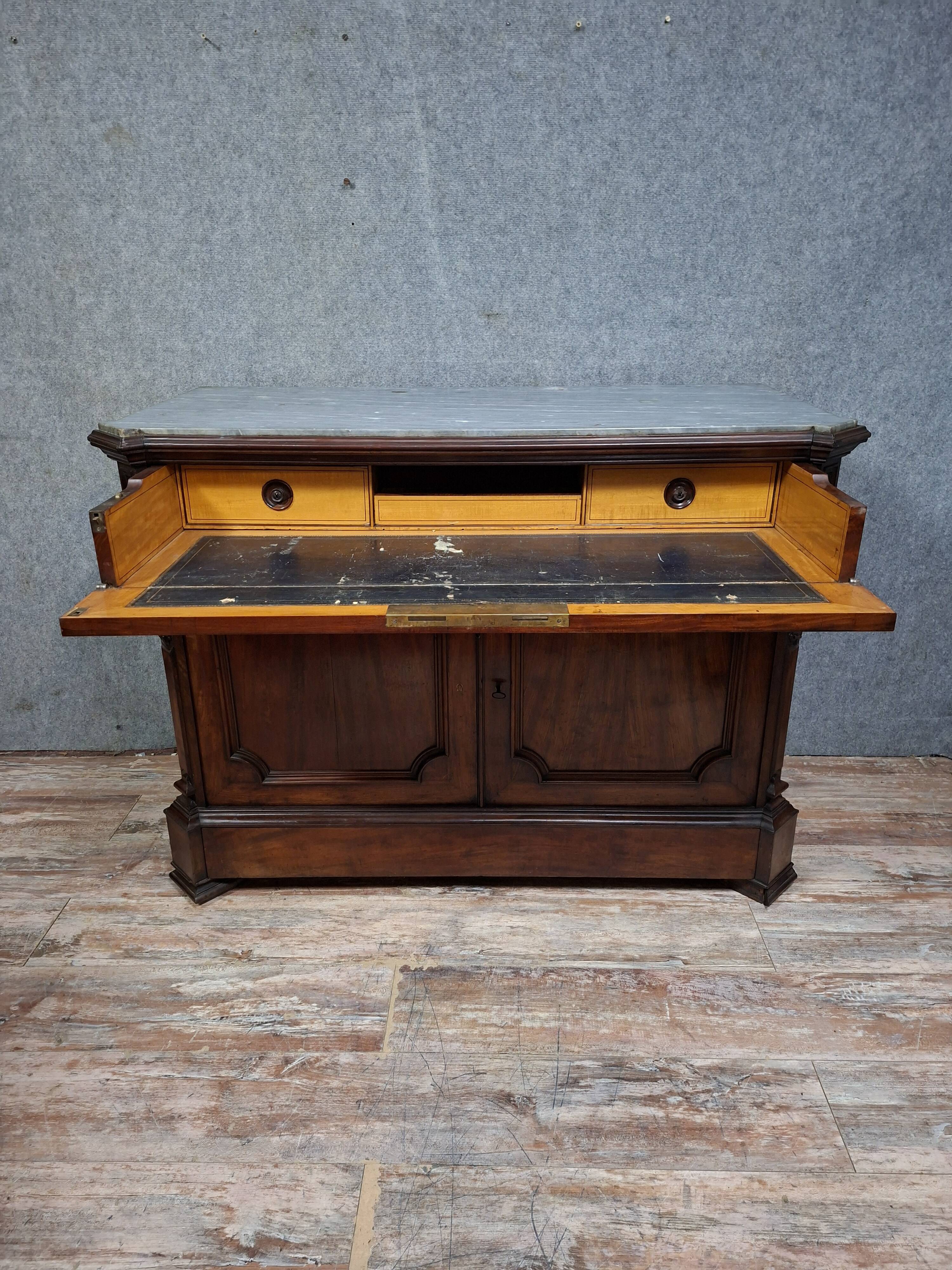 writing desk forming a secretary with a drop-down flap, in mahogany and veneer
