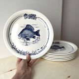 Set of 6 vintage GIEN France fish plates, flat plates with fishing decor