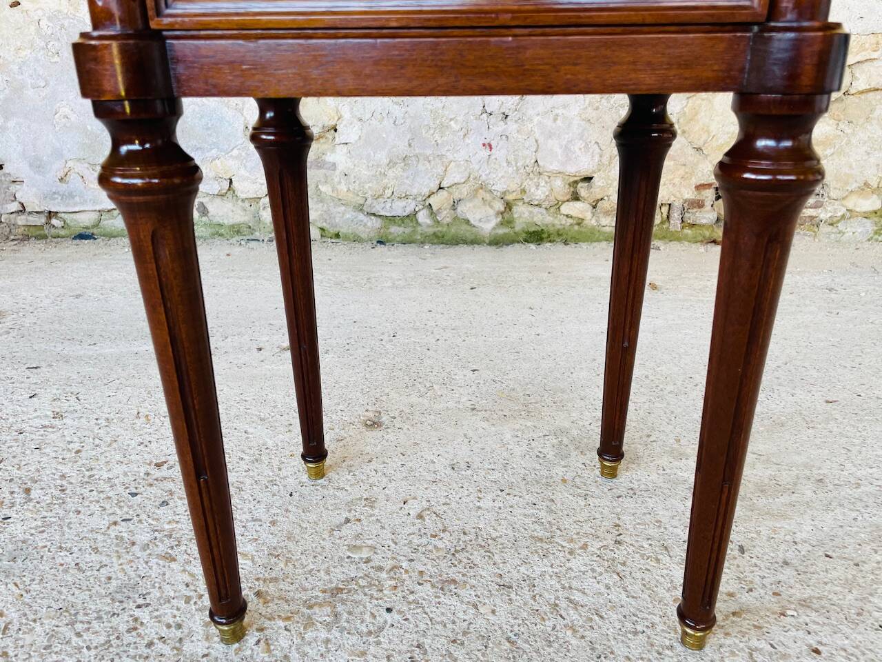 Louis XVI style bedside table, Carrara marble and mahogany