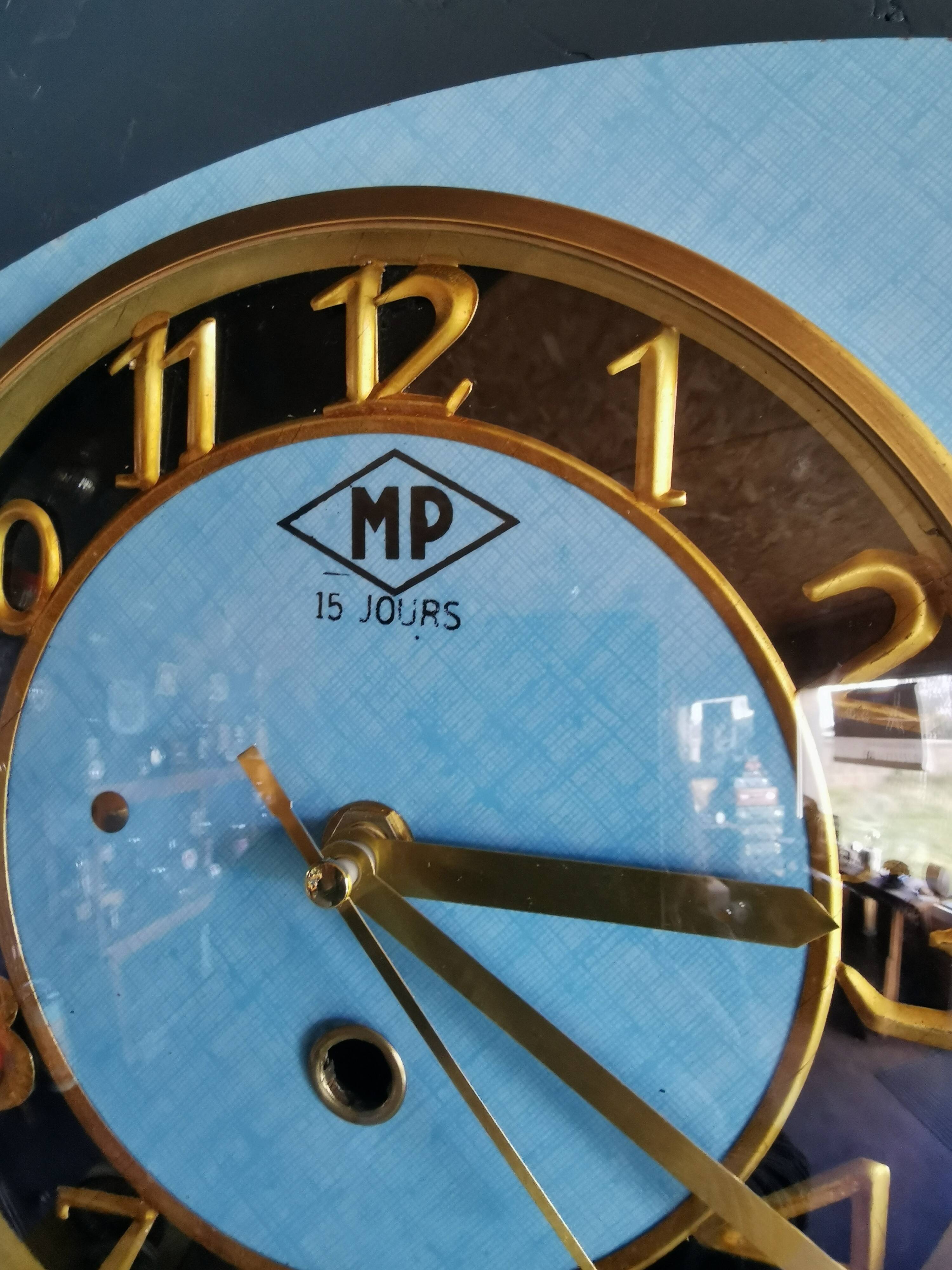 Vintage formica clock silent asymmetrical wall pendulum "MP blue black"