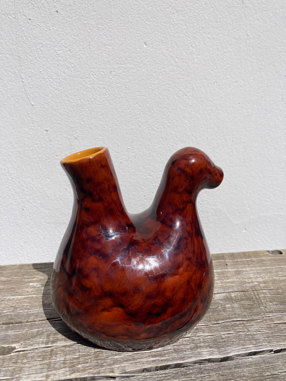 Zoomorphic pitcher bird / hen 1970 glazed ceramic brown and yellow