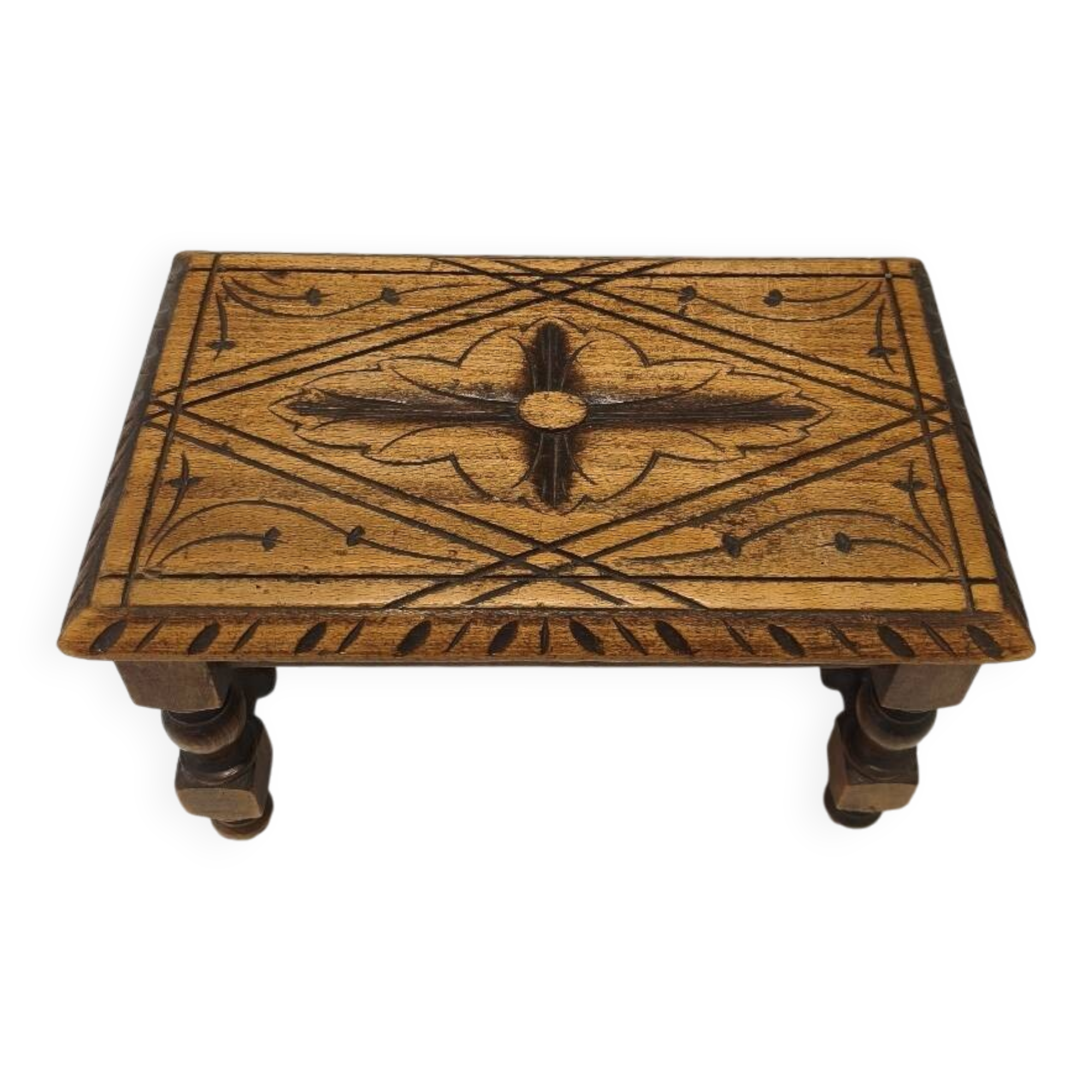 Small vintage carved solid wood footrest bench