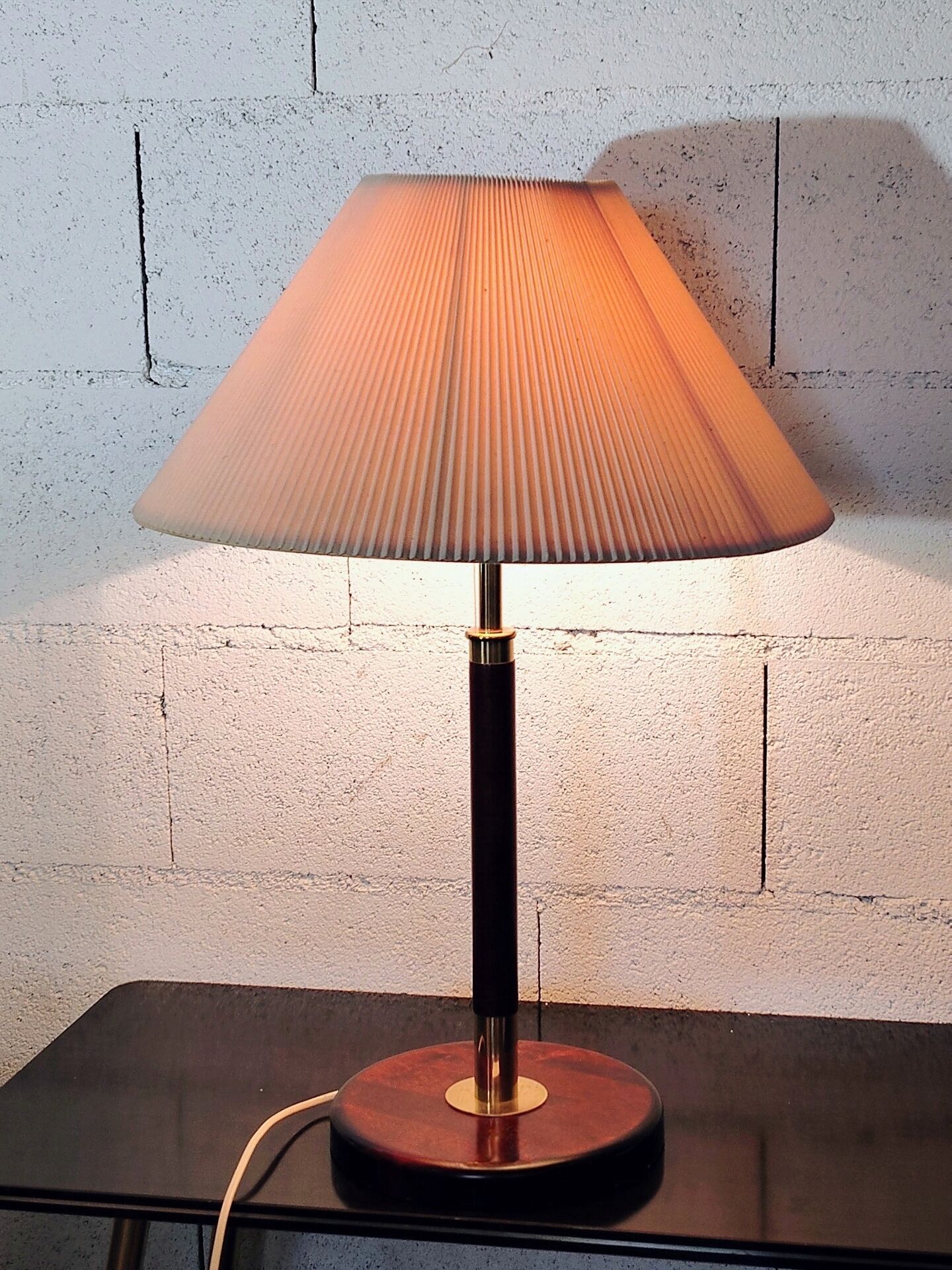 Vintage Wooden, Brass & Leather Table Lamp – 1970s