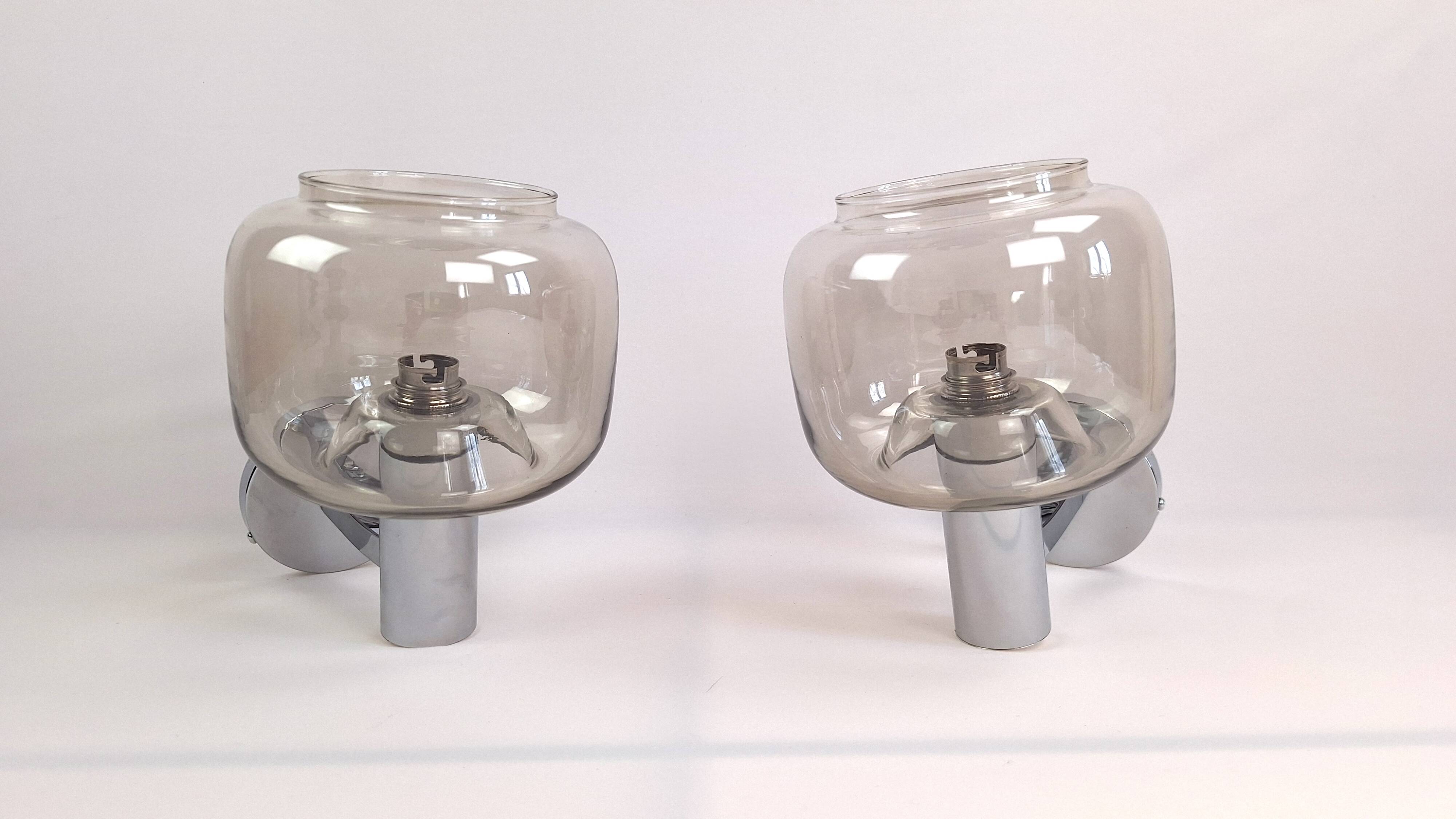 Chrome-plated metal and glass wall lights, 1970