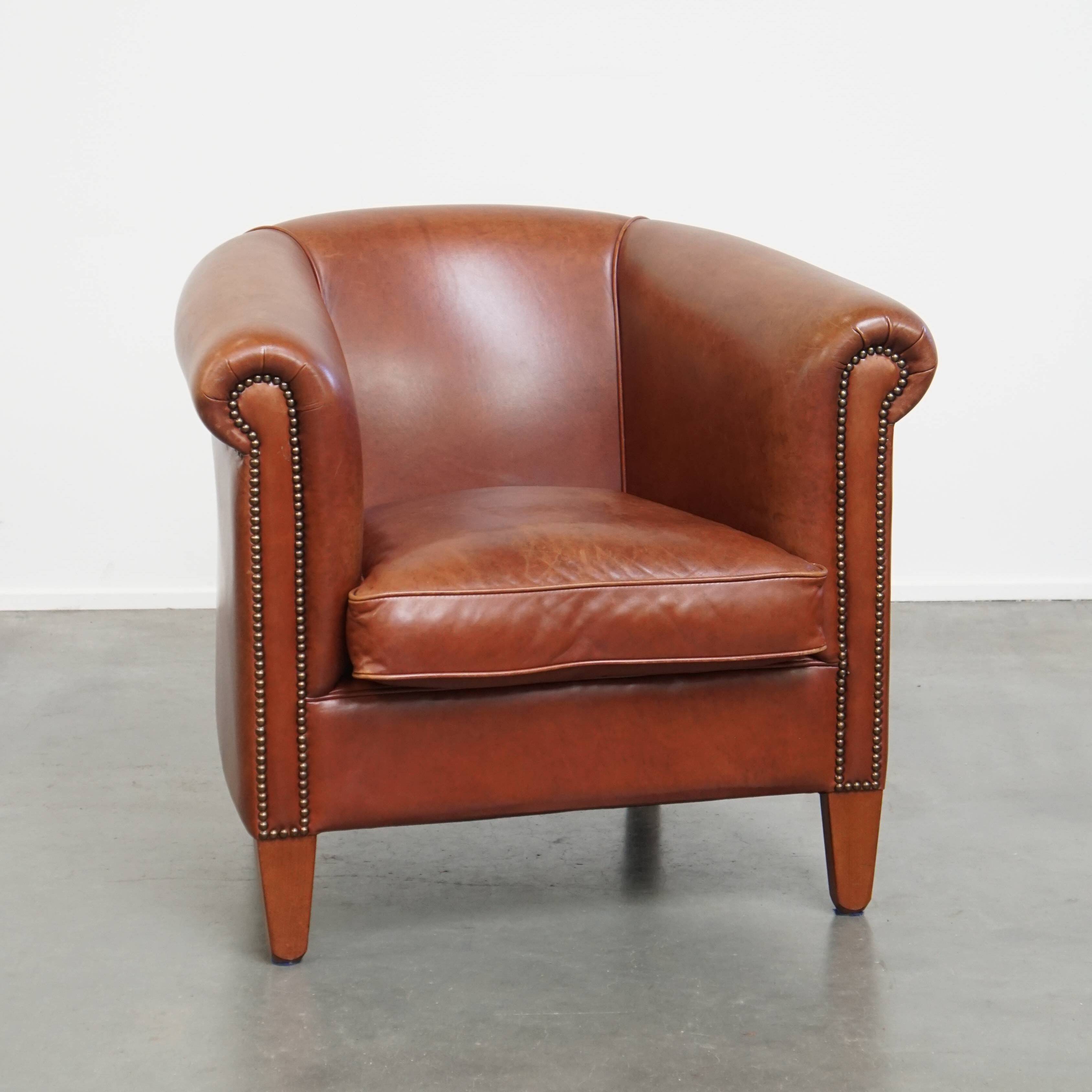 Cowhide Leather Club Armchair in a Cognac Color