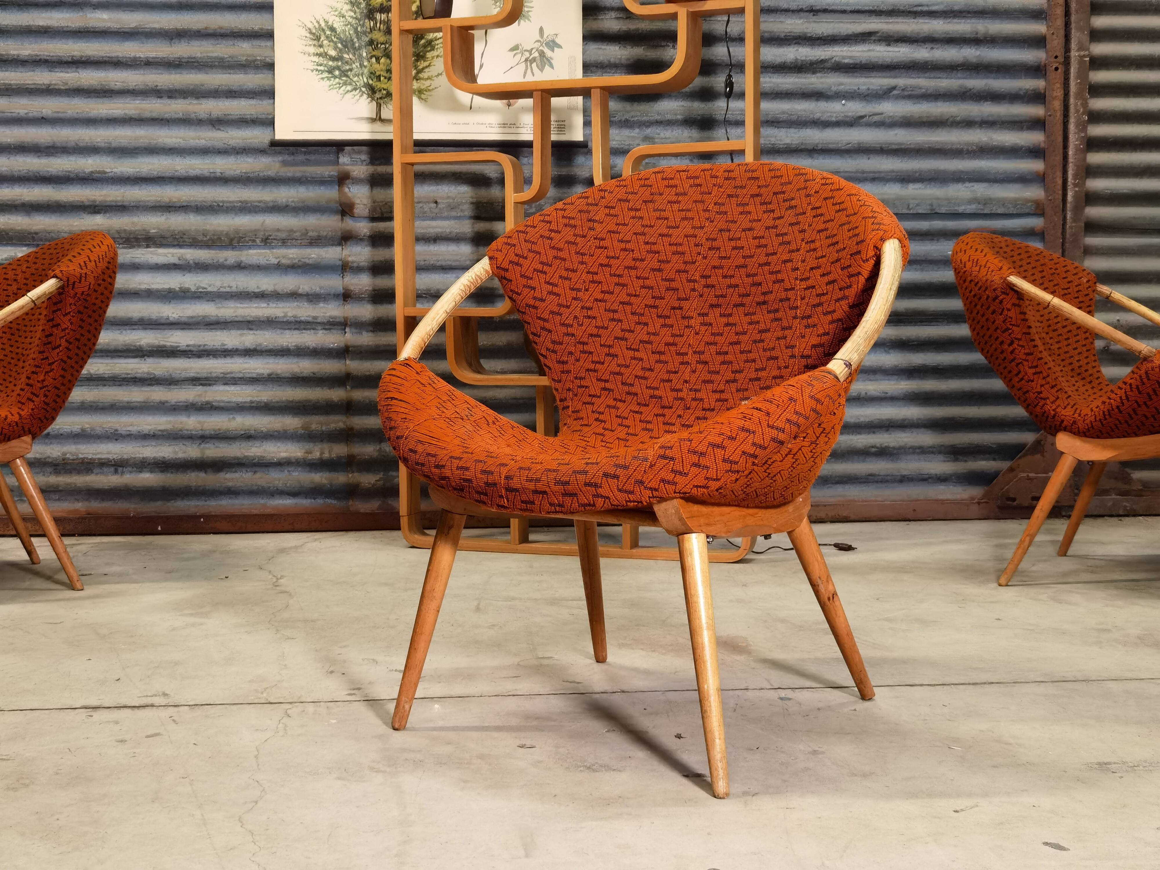 Czechoslovak shell armchair rattan wood fabric