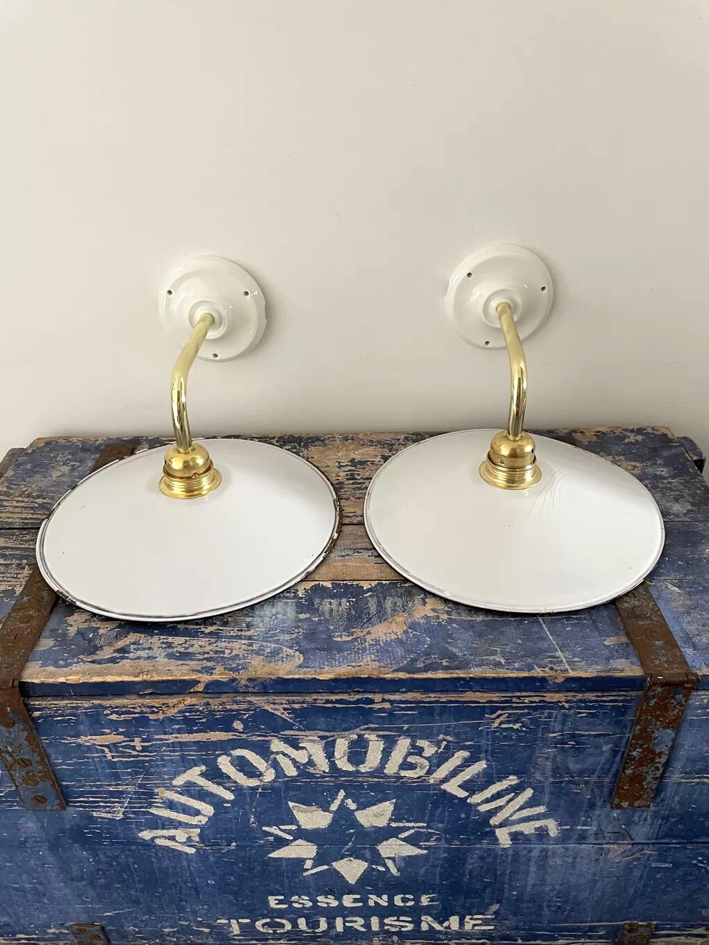 Set of two sconces in new electrified white enamelled sheet metal
