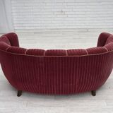 1960s, Danish 2-seater "Banana" sofa, red furniture velour, oak wood.