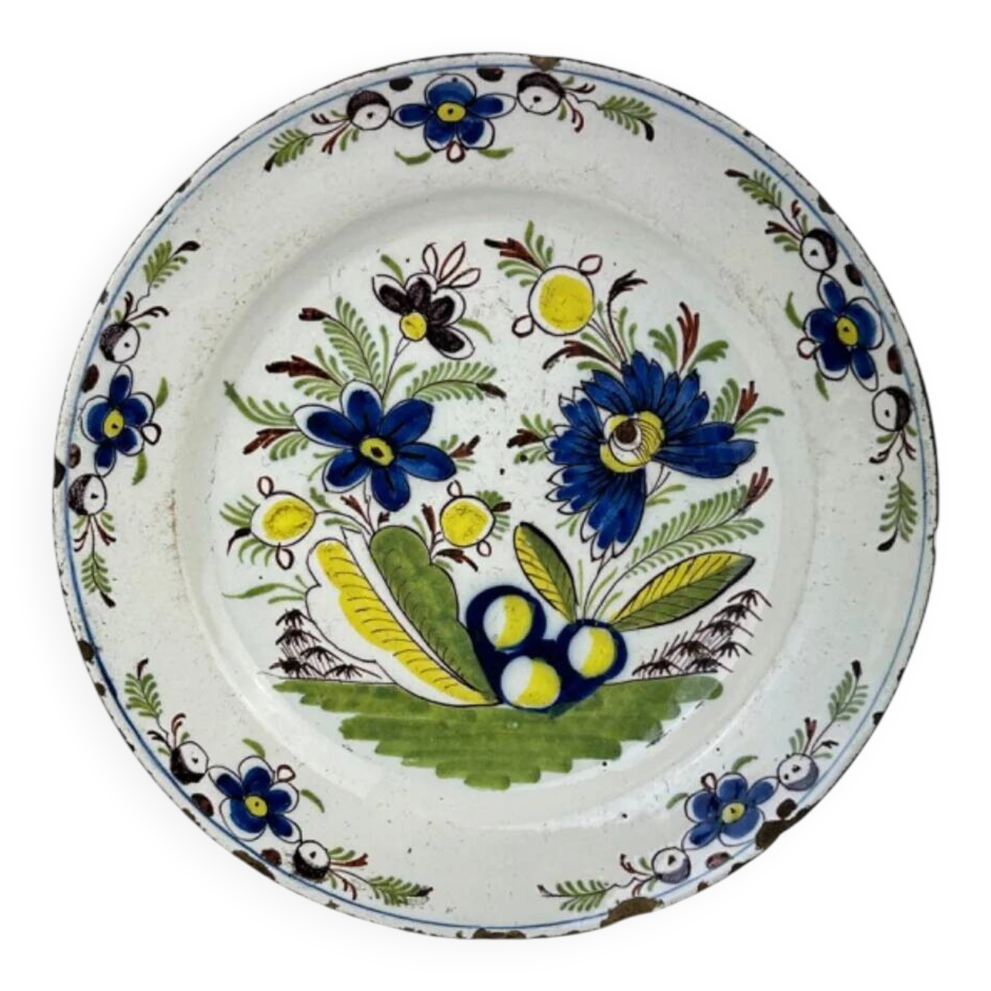Delftware plate in white and blue with floral decoration, 18th century, Ø 36.5 cm
