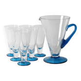 Carafe en cristal italien du milieu du siècle et ensemble de verres à tige bleue, Toscana 1970