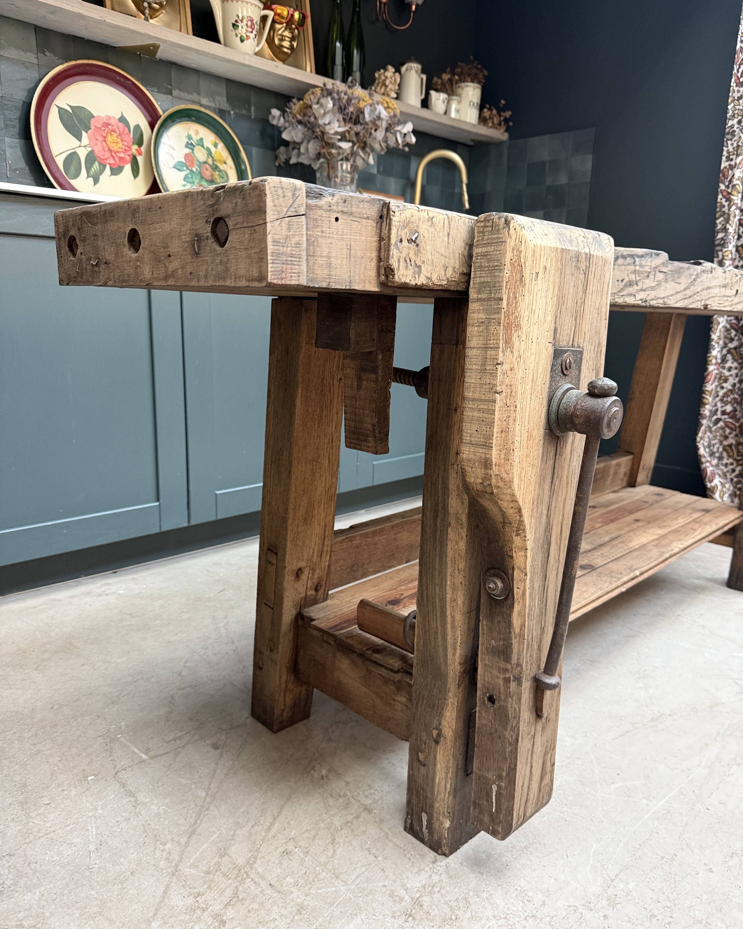 Old solid oak carpenter's workbench (renovated)