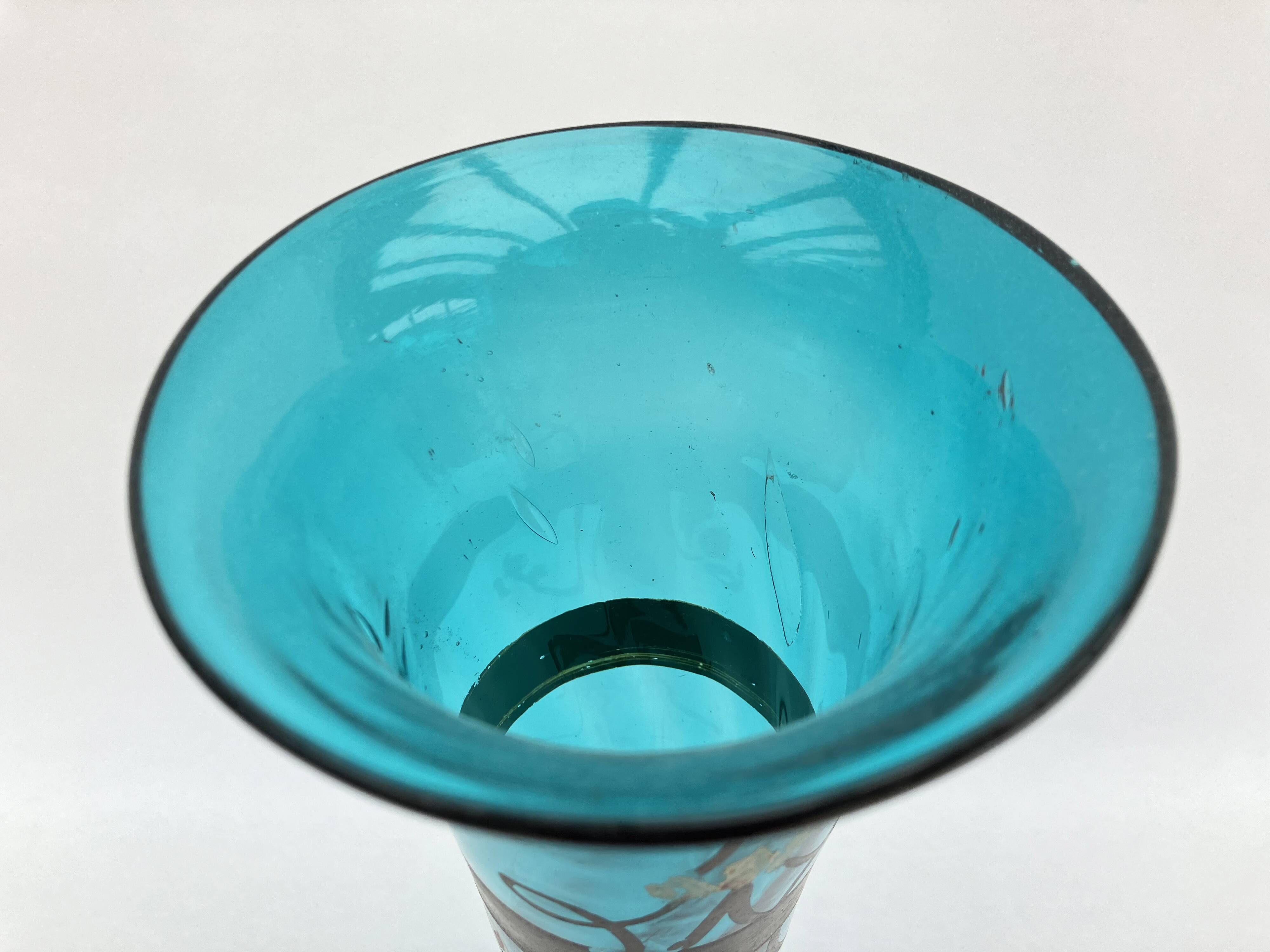 Large diabolo-shaped vase in turquoise blue blown glass with floral decoration • Art Nouveau • 1900s