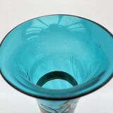 Large diabolo-shaped vase in turquoise blue blown glass with floral decoration • Art Nouveau • 1900s