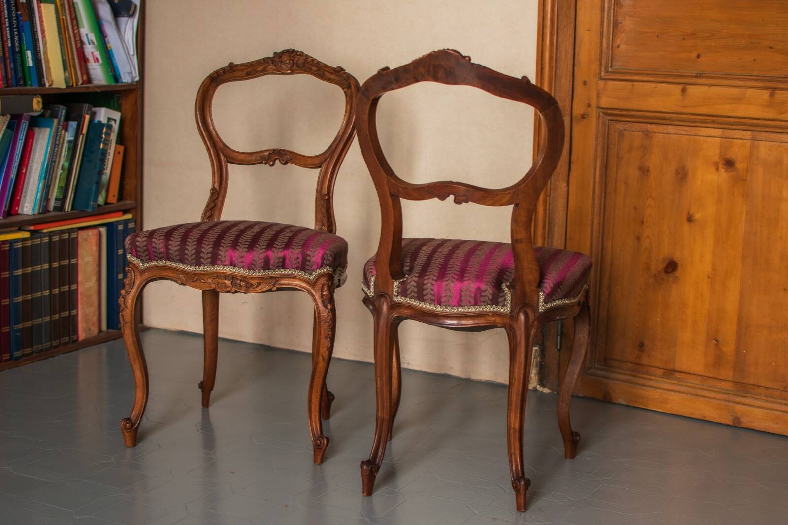 Pair of Rococo style chairs — Feminine & elegant, reupholstered in the antique style.