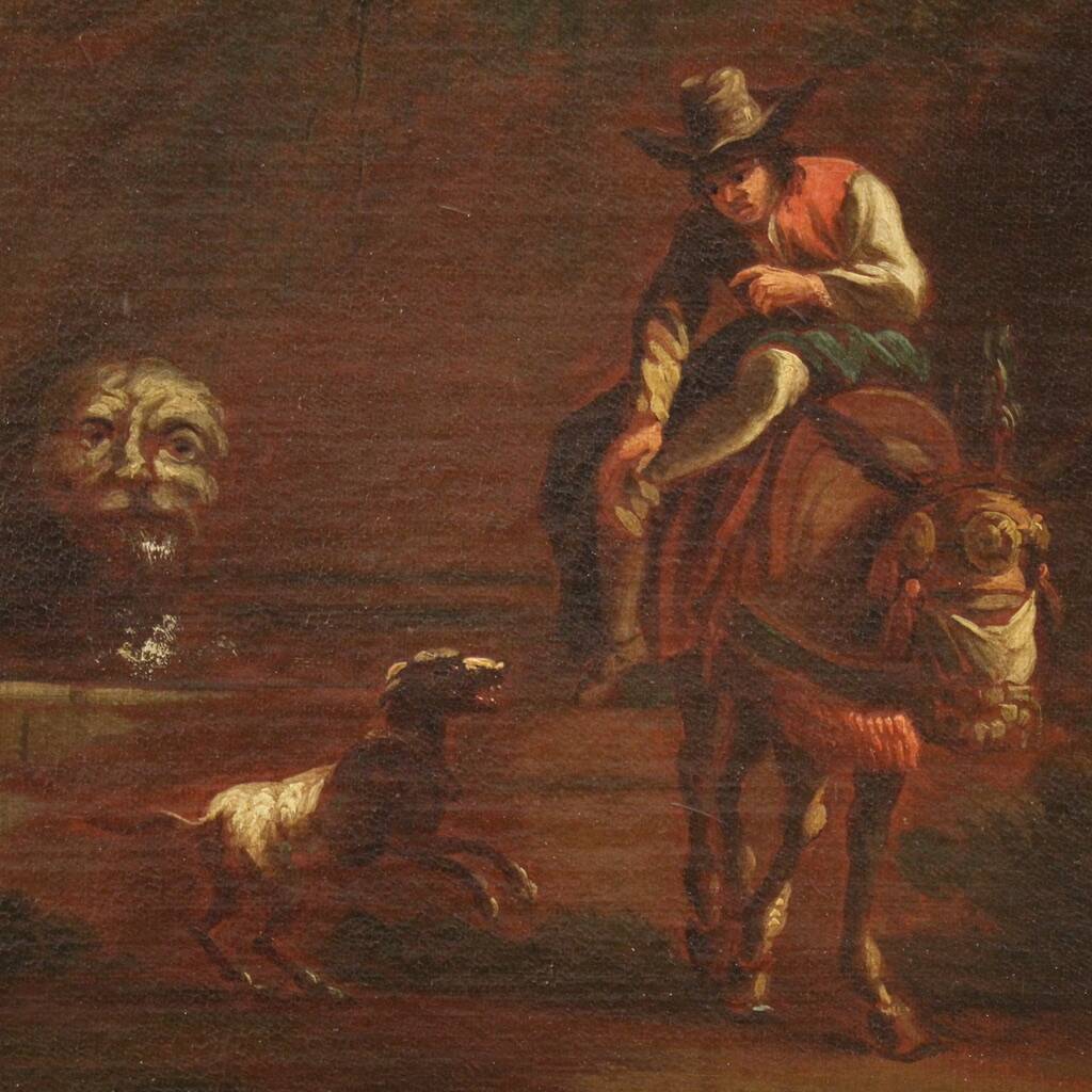 17th century bucolic landscape painting with figures, pastoral scene