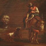 17th century bucolic landscape painting with figures, pastoral scene