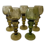 5 green crystal Roemer wine glasses, 19th century vintage in crystal.